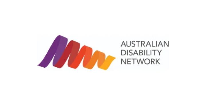 The logo for the Australian Disability Network, featuring a stylized wave-like design that begins larger on the left and tapers off to the right, in a purple, red, orange, and yellow gradient.