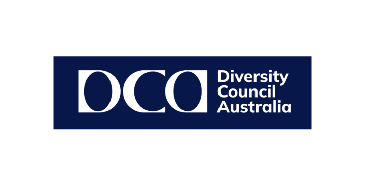 The Diversity Council Australia’s logo, featuring three fabric swatches made into the shape of Australia, and the organisation's name in capital letters.