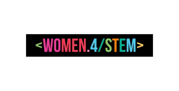 The <Women.4/Stem> logo; a black horizontal rectangle with “<Women.4/Stem>” inside, each character in a different colour.