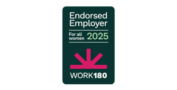 A dark green vertically rectangular badge with “Endorsed Employer For all women 2025” above a pink sunset logo, with “WORK180” along the bottom.