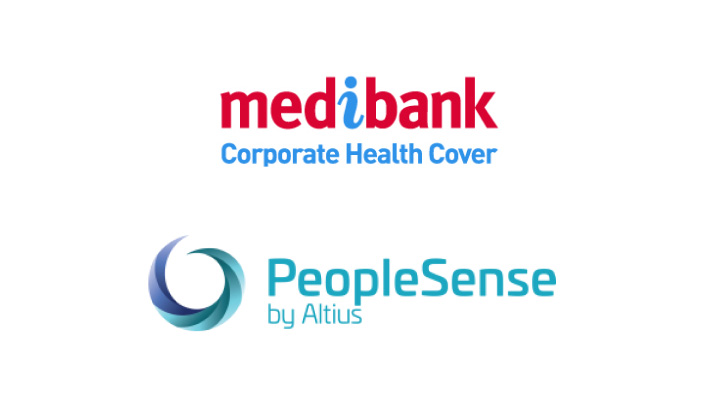 The first logo is for 'Medibank Corporate Health Cover,' featuring the word 'medibank' in red with a blue dot over the 'i.' The second logo is for 'PeopleSense by Altius,' displaying a blue circular design next to the text in blue font.