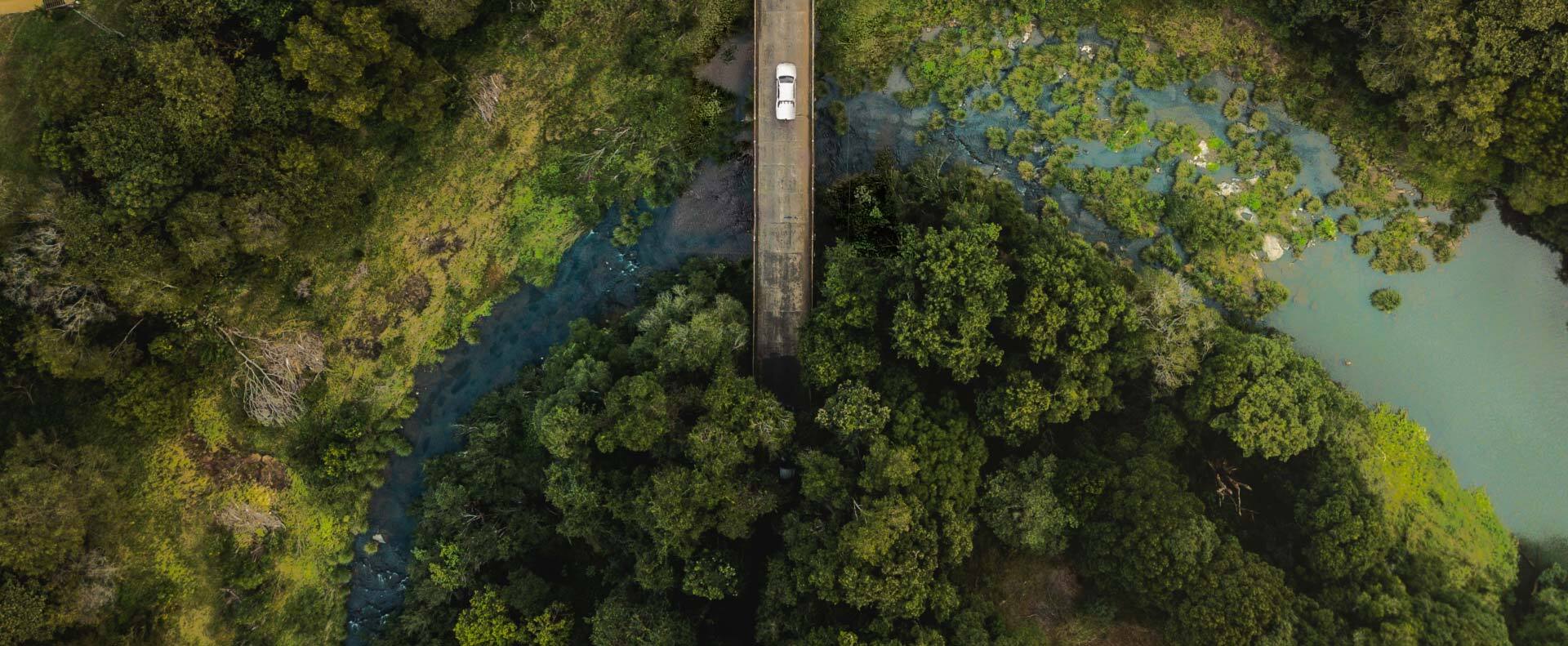 A bird's eye of a vibrant, lush, clean river arcing right to left, a bridge emerging from the thick forest  of trees to the south. A white Toyota HiLux is traveling across the bridge northways.