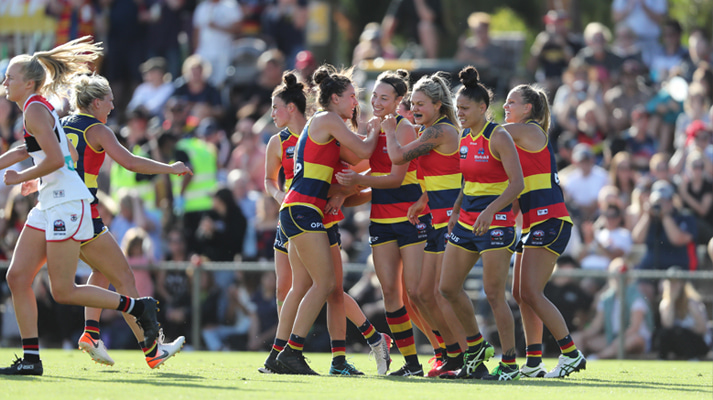 The Adelaide Crows' AFLW team on the field during a match, celebrating together under the sun. 