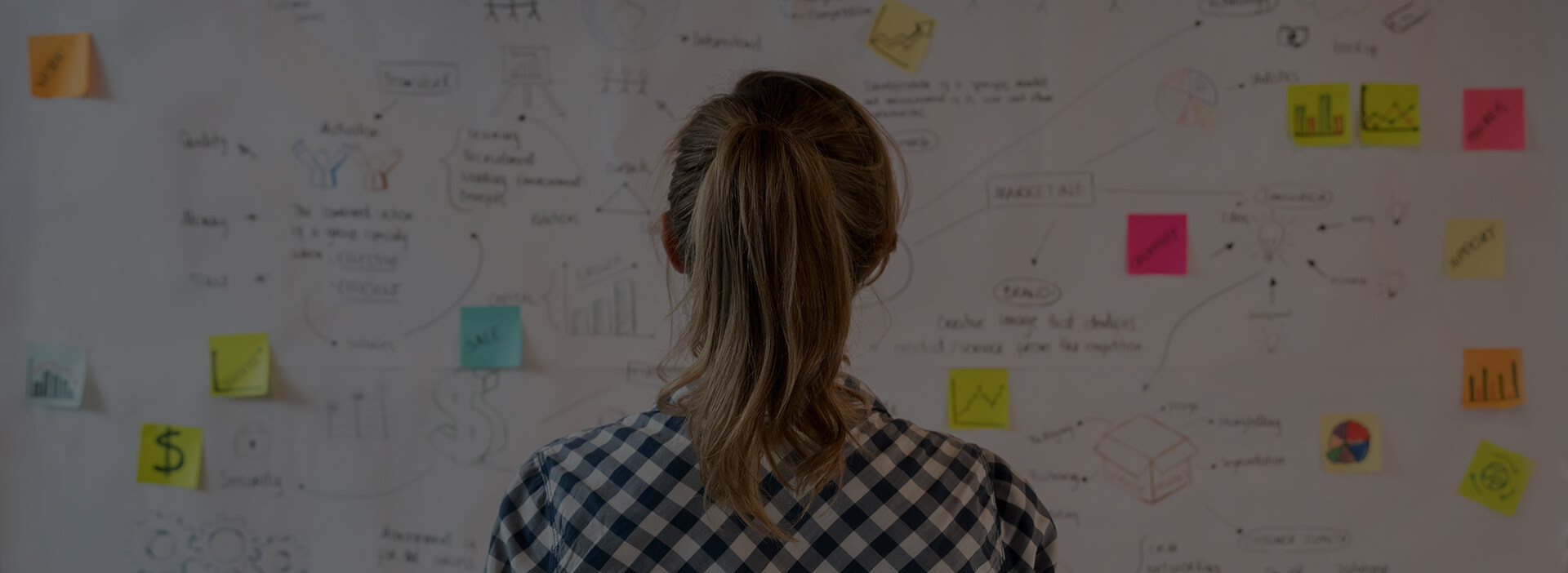 A woman with brown hair tied up in a ponytail, wearing a white and blue plaid shirt, standing facing an encompassing whiteboard covered in a plethora of little diagrams, annotations and post-it notes of various colours.