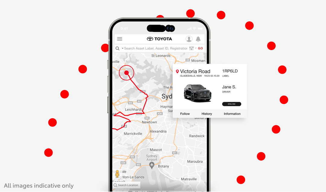 The Toyota Halo app displayed on a mobile device, featuring a live tracking map of Sydney, NSW, and details of an active vehicle.
