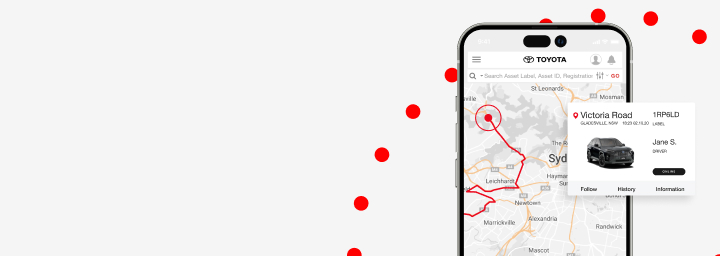 The Toyota Halo app displayed on a mobile device, featuring a live tracking map of Sydney, NSW, and details of an active vehicle.