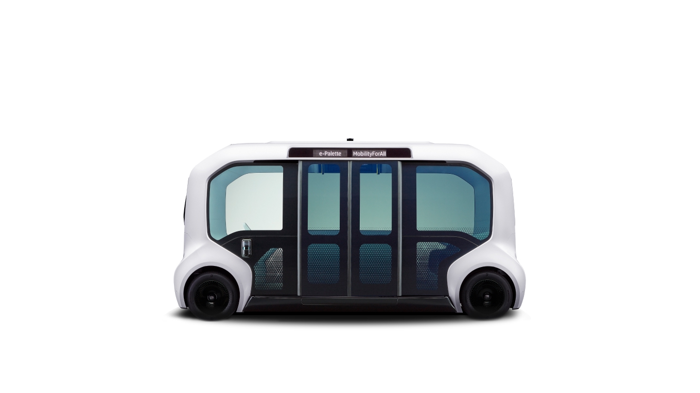 e-Palette, a four-wheeled next-gen Battery Electric vehicle (BEV) created for "Mobility as a Service" (MaaS) purposes, combining electrification, connected and automated driving.