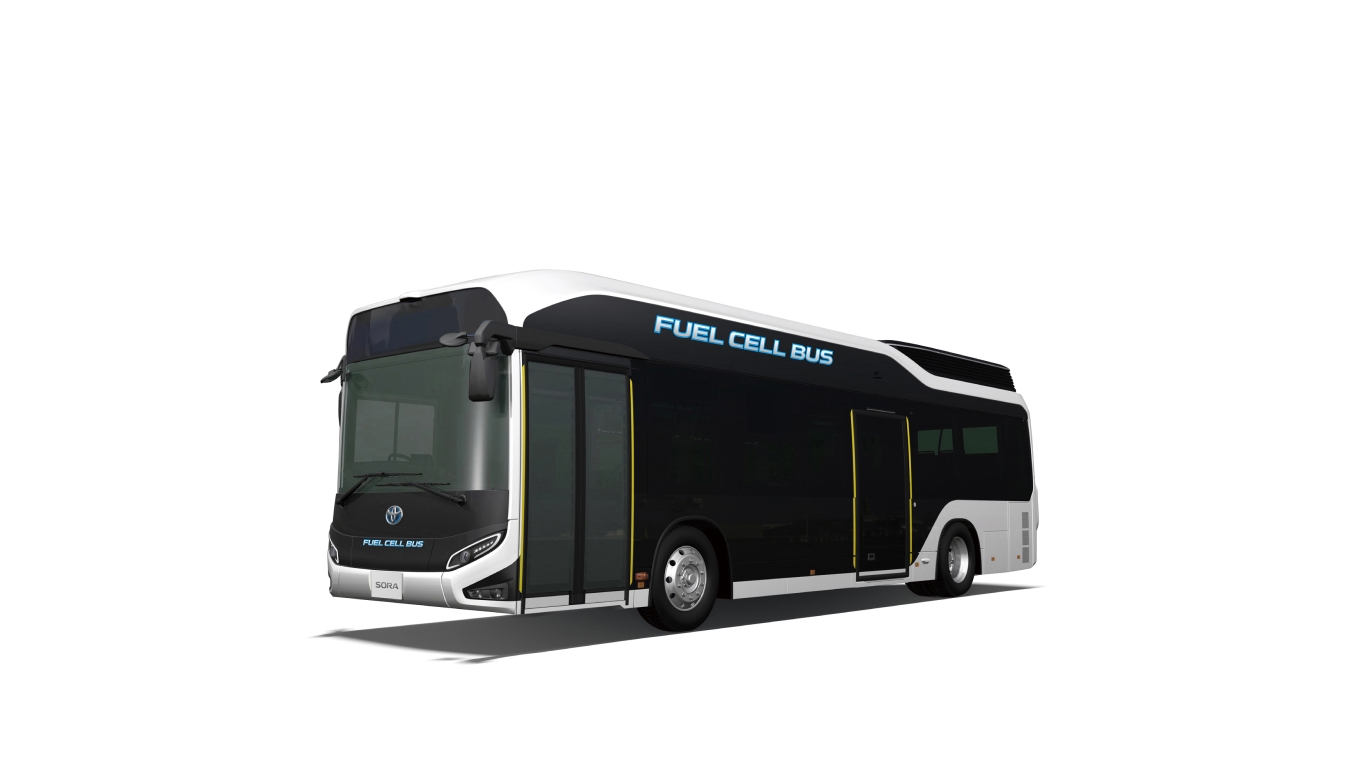 The Sora, a large black and white, hydrogen fuel cell-powered bus.
