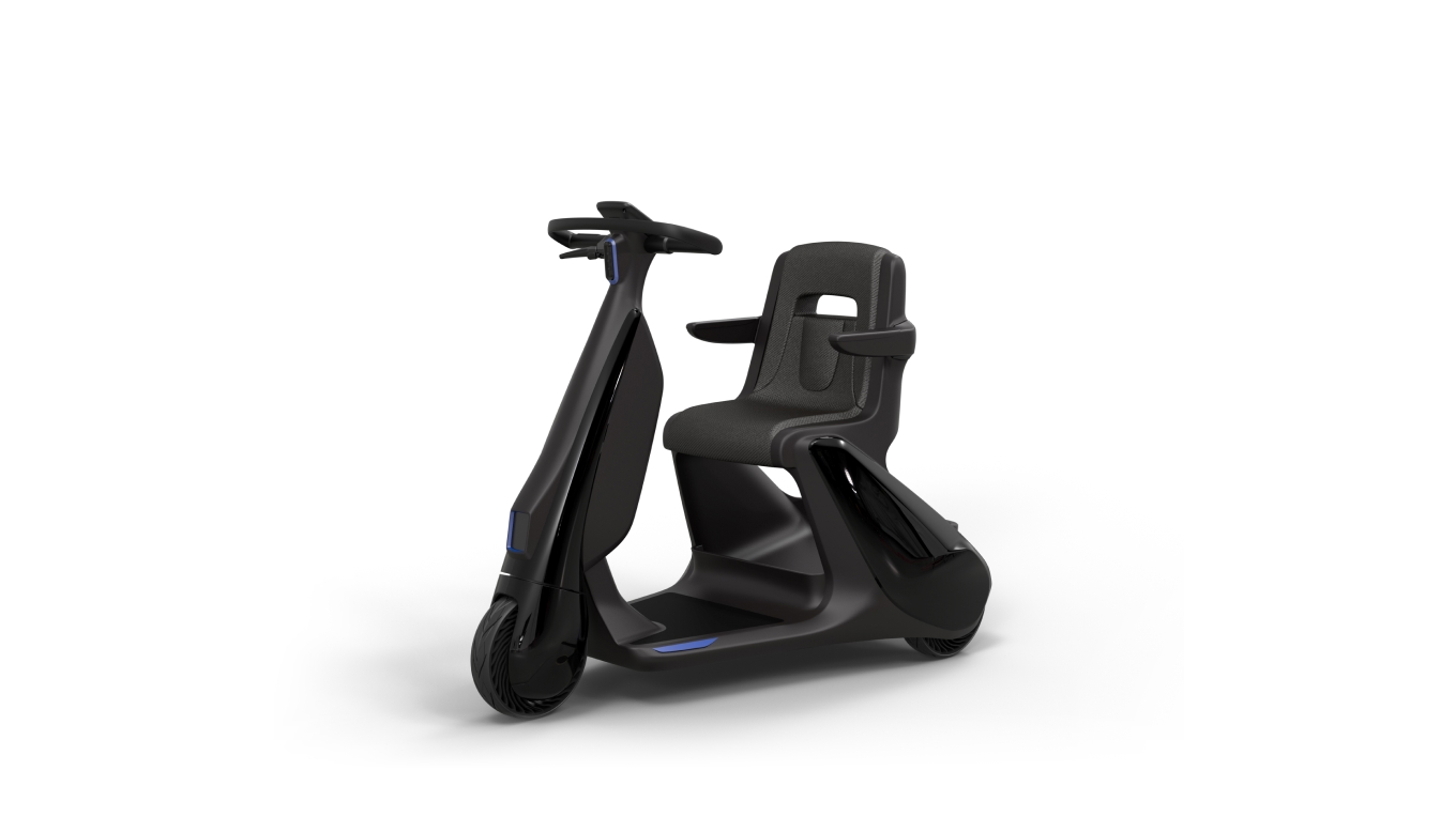 A black BEV Family single-seat scooter, designed to move passengers around outdoor walking areas.