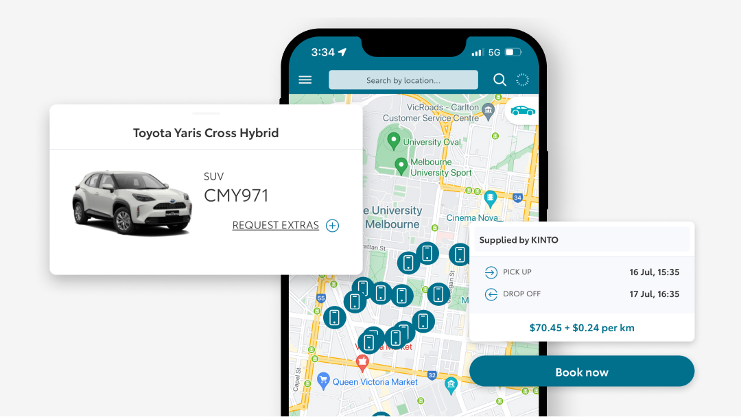 The user interface of the KINTO app, displaying vehicle details, rental dates and a GPS map.