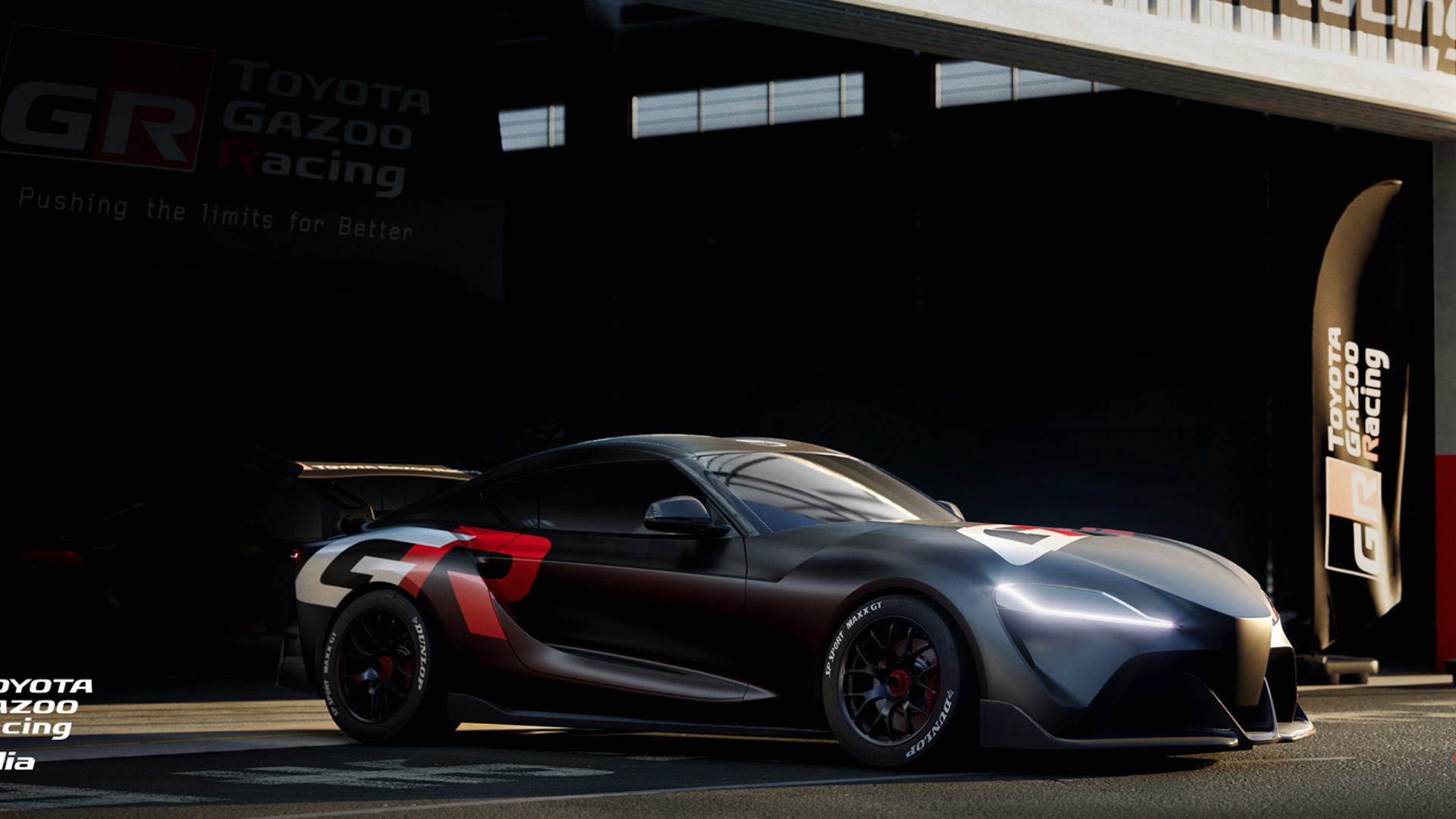 The Toyota GR Supra concept features a dynamic design, highlighting its sporty curves and futuristic look.